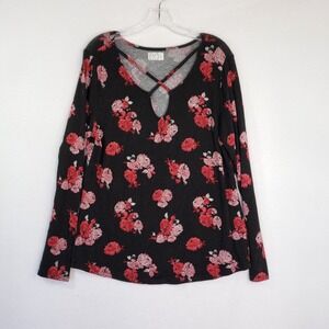 Maurices Tunic Womens XL Black Red Floral Long Sleeve Criss Cross Keyhole Blouse